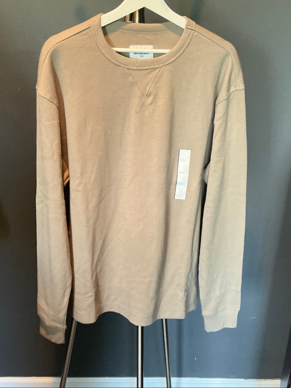 Long Sleeve Waffle-Knit Crewneck in Tan
